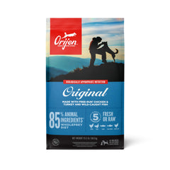 ORIJEN Original dry dog food bag shows premium grain-free nutrition for a healthy coat.