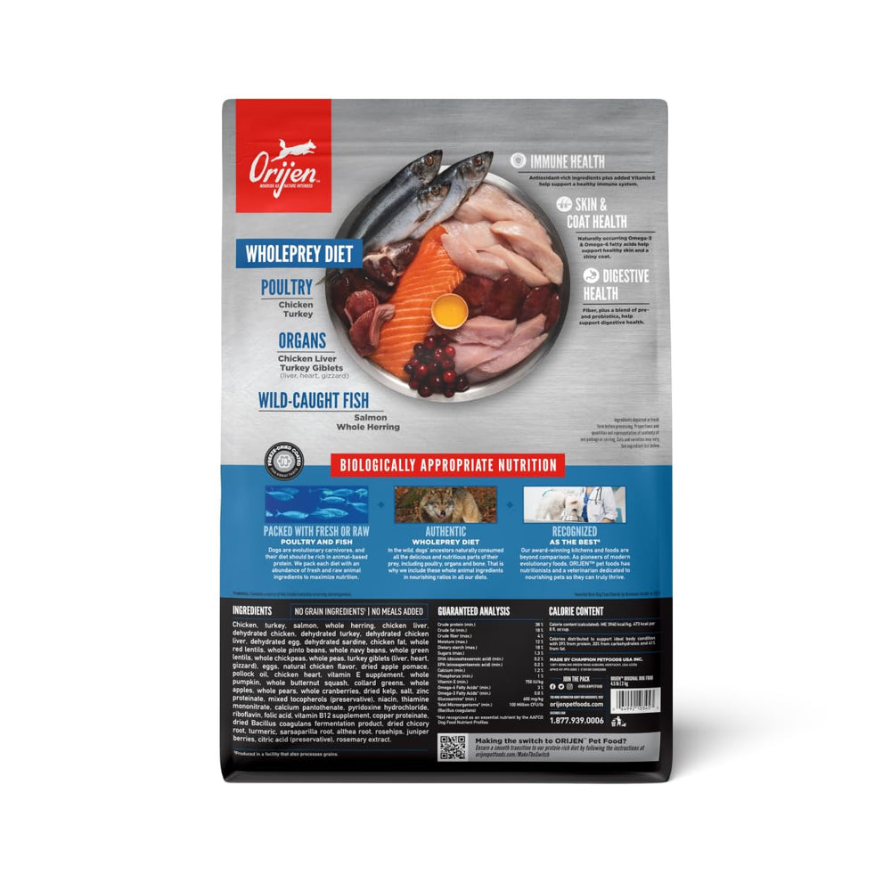 ORIJEN Original Dry Dog Food first five ingredients image shows chicken, turkey, salmon for strong dietary protein