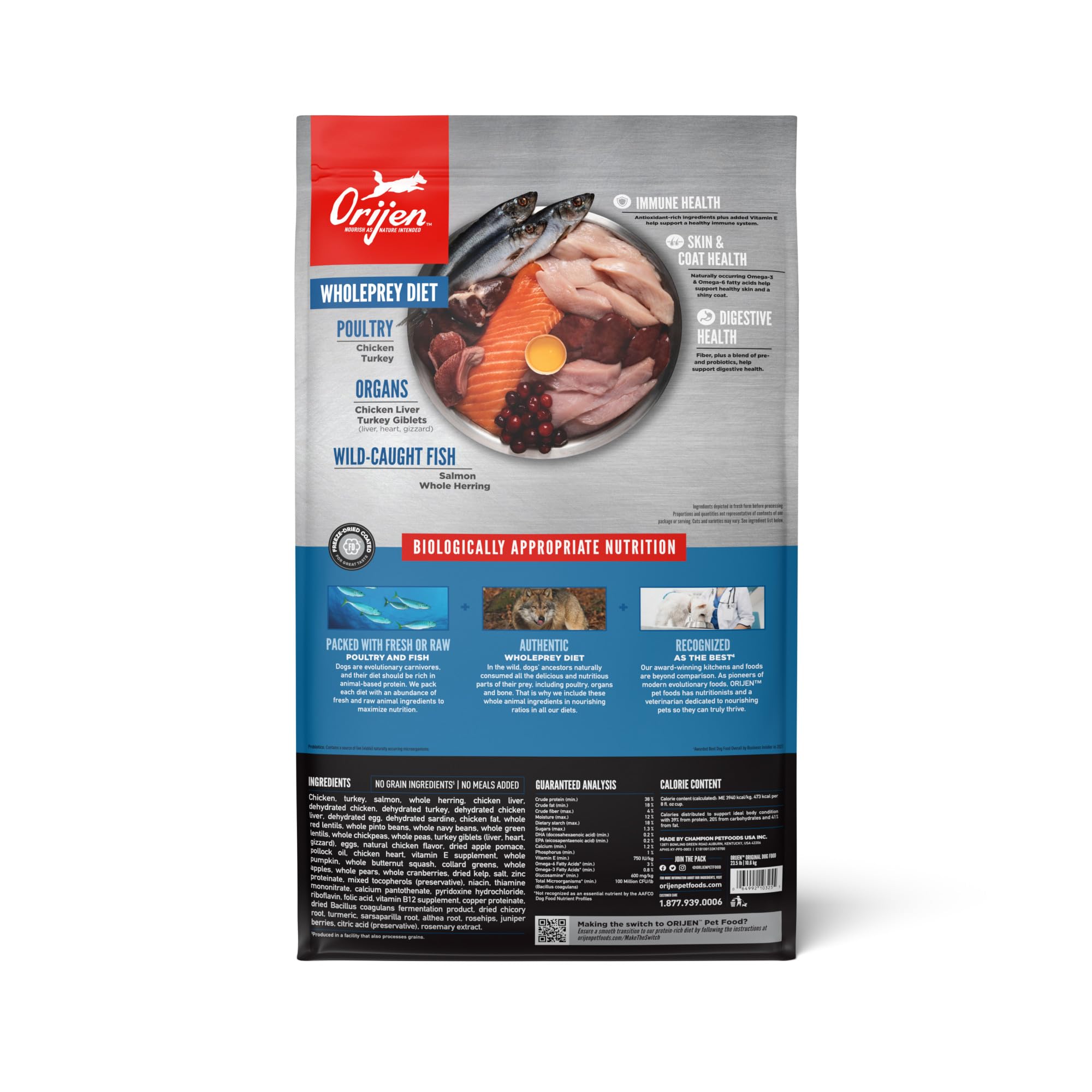 ORIJEN Original kibble closeup highlights high-protein pieces for lean muscle support.
