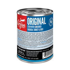 Orijen Original Stew chicken-turkey-eggs close-up highlights WholePrey ingredients for balanced nutrition.
