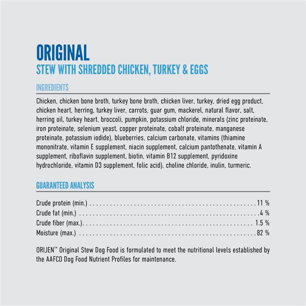 Orijen Original Stew made-in-USA label signals quality manufacturing.