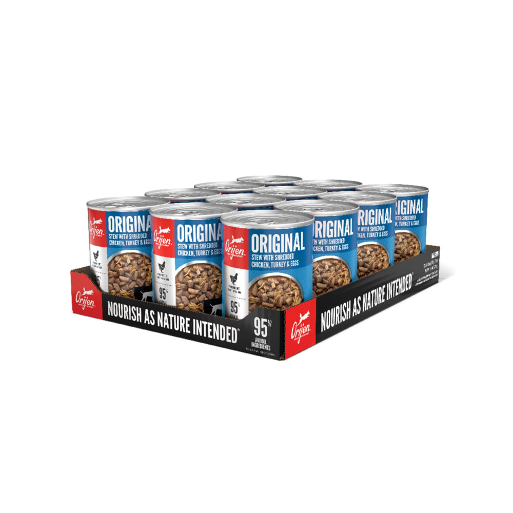 Orijen Original Stew packaging can shows protein-rich wet dog food for active dogs.