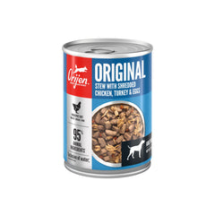 Orijen Original Stew twelve cans display emphasizes convenient multi-pack for regular meals.