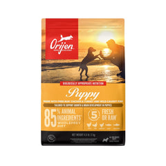 ORIJEN Puppy grain-free dry dog food bag boosts growth with protein-rich formula.