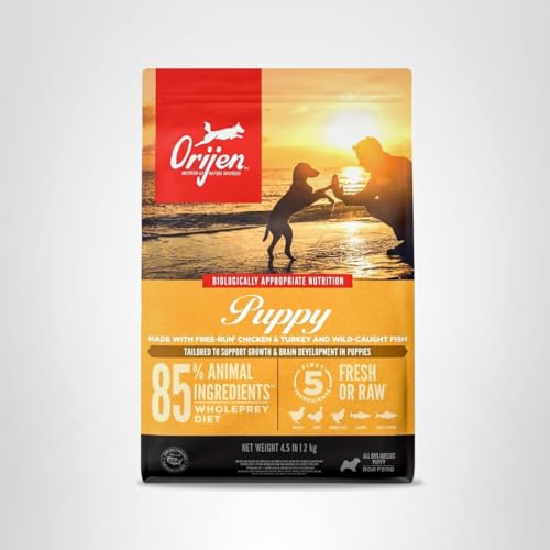 ORIJEN Puppy 4.5 lb bag delivers protein-focused nutrition for growing dogs.