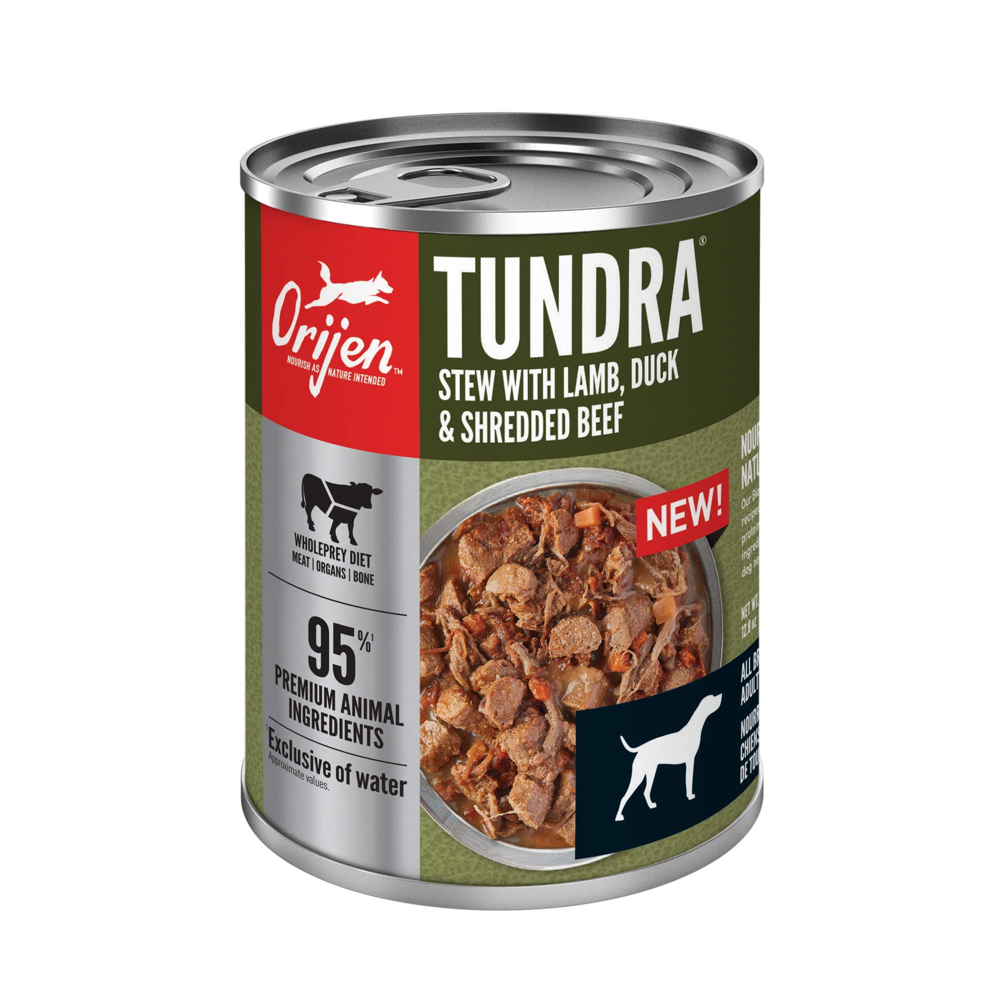 Beef and duck shreds visible in ORIJEN Tundra Stew for meat-forward flavor.