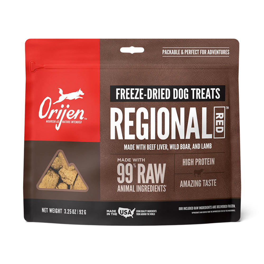 ORIJEN Receta Regional Rojo en bolsa de 3-25 oz para recompensas sabrosas.