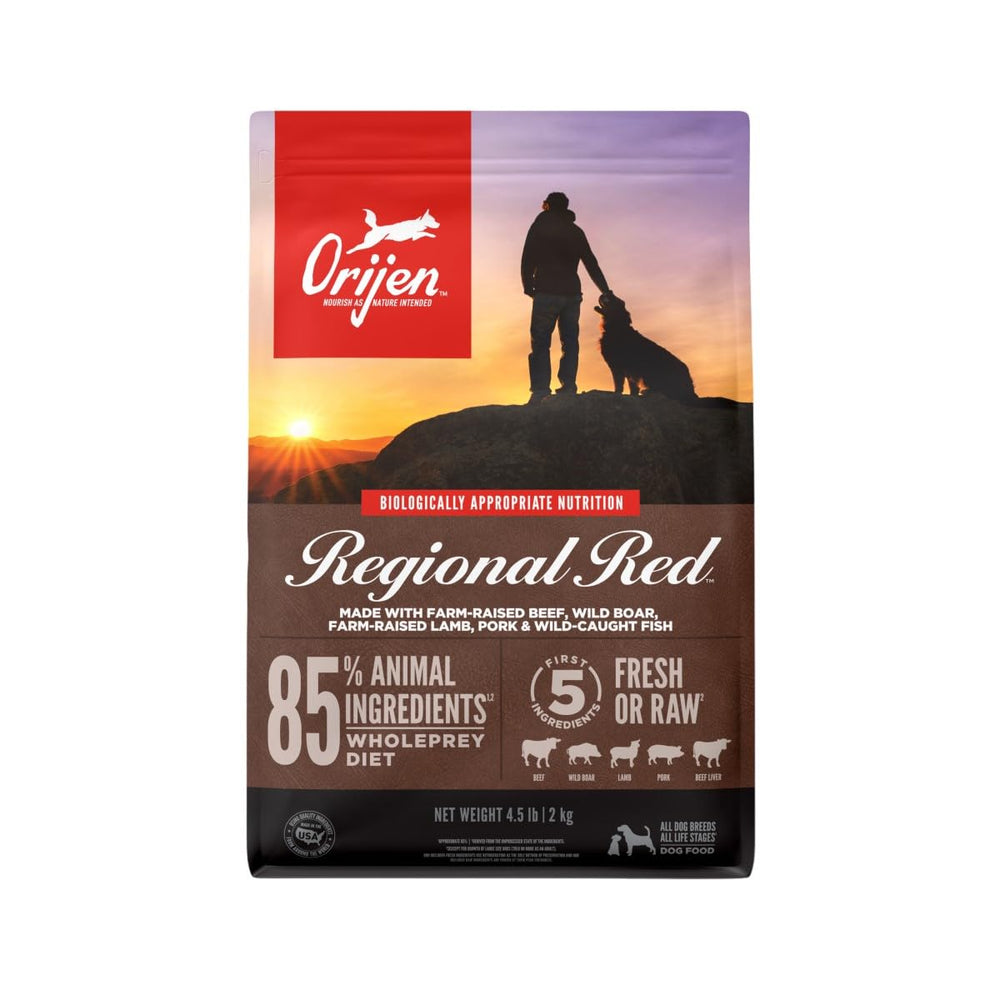 ORIJEN Regional Red dog food bag front shows grain-free high-protein formula.