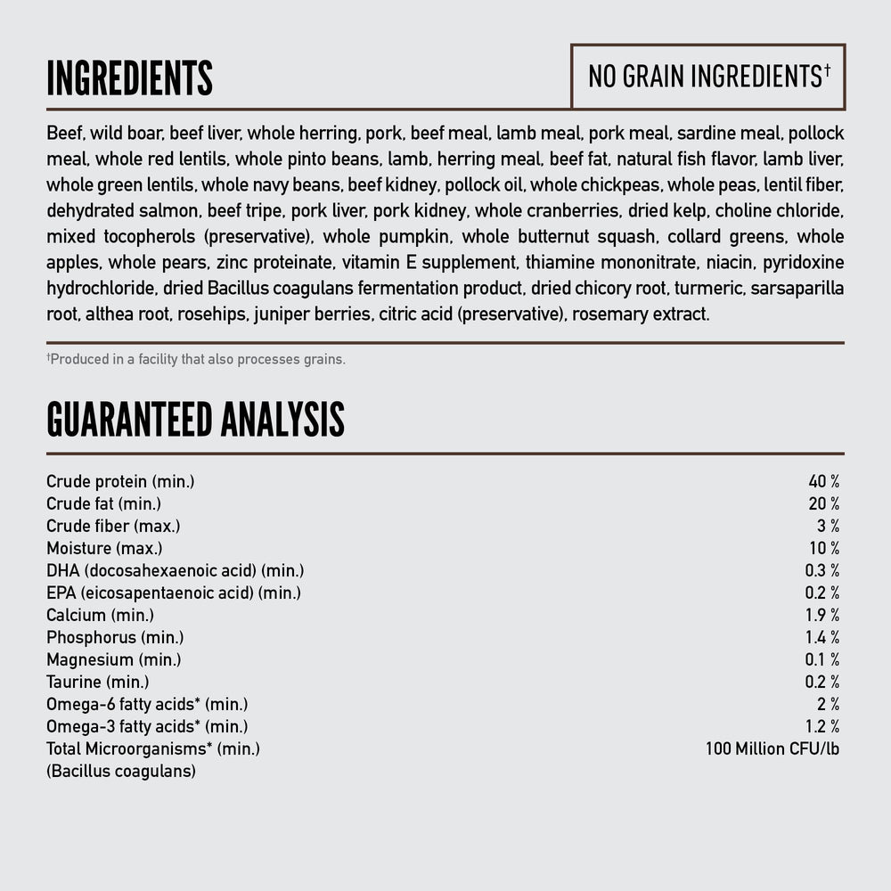 ORIJEN Regional Red top five ingredients include beef, pork, and fish.