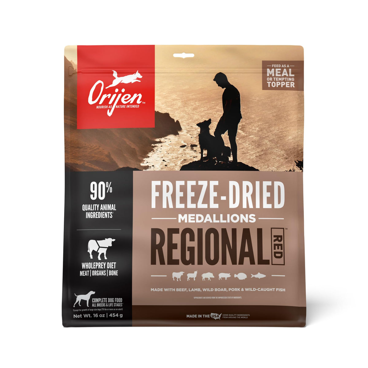 ORIJEN Regional Red bag with freeze-dried medallions highlighting protein-rich dog food.