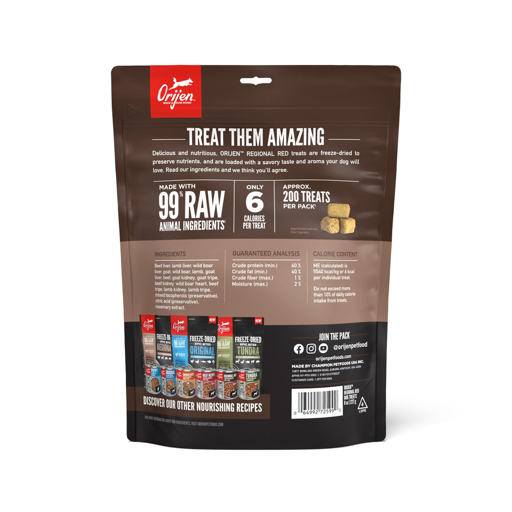 Orijen Regional Red ingredient close-up featuring beef liver, goat, wild boar, and lamb for protein-packed taste.