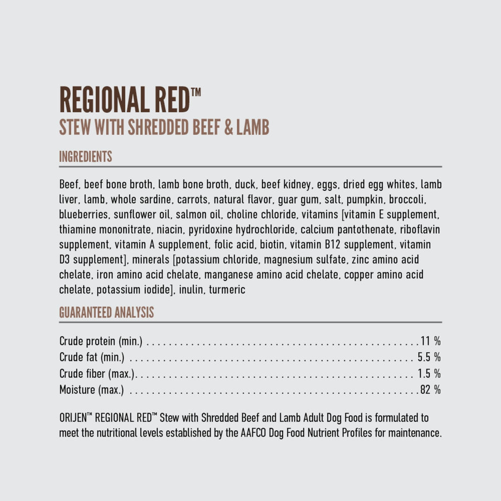 ORIJEN Real Meat Shreds labeling close-up premium animal ingredients.