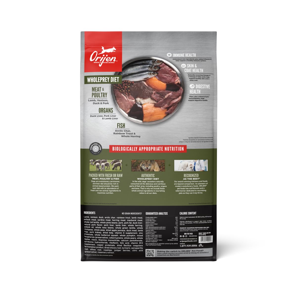 ORIJEN TUNDRA first five ingredients—lamb, venison, duck, arctic char, rainbow trout—protein-forward.