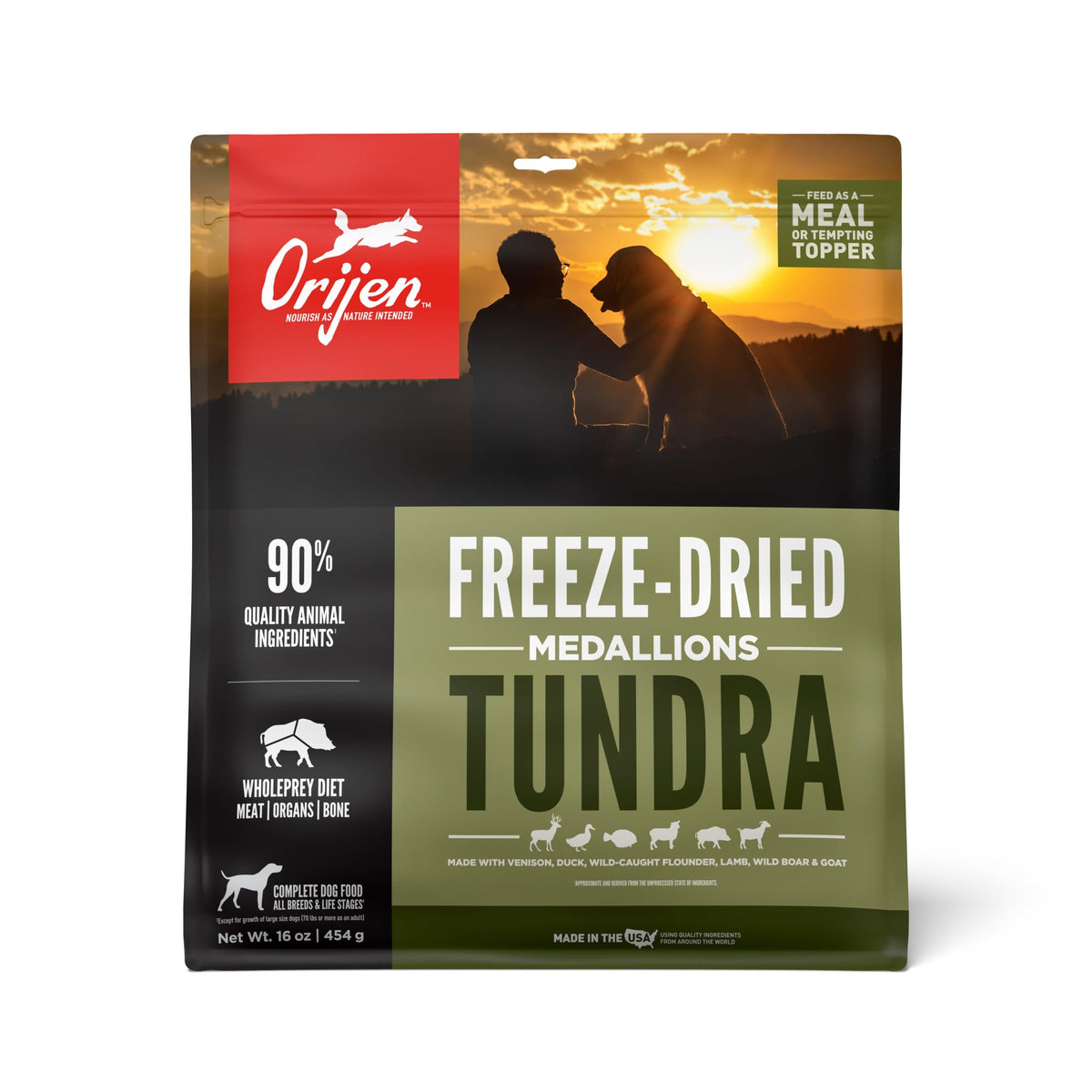ORIJEN TUNDRA freeze-dried medallions in bag deliver protein-packed nutrition.