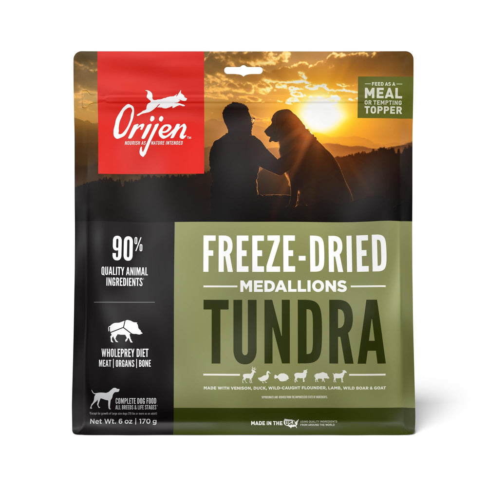 ORIJEN TUNDRA freeze-dried medallions packaging showing high-protein dog food for active dogs.