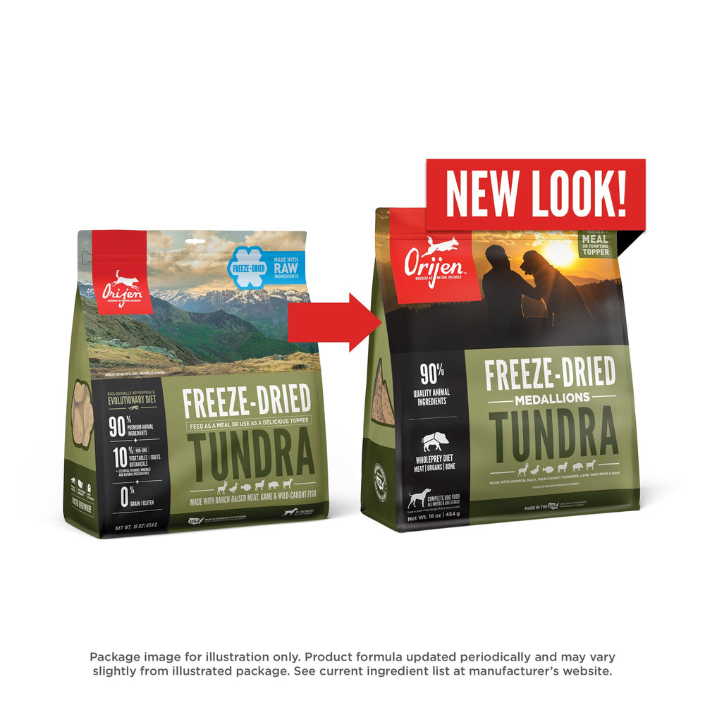 ORIJEN TUNDRA freeze-dried medallions ready-to-serve with fresh ingredients.