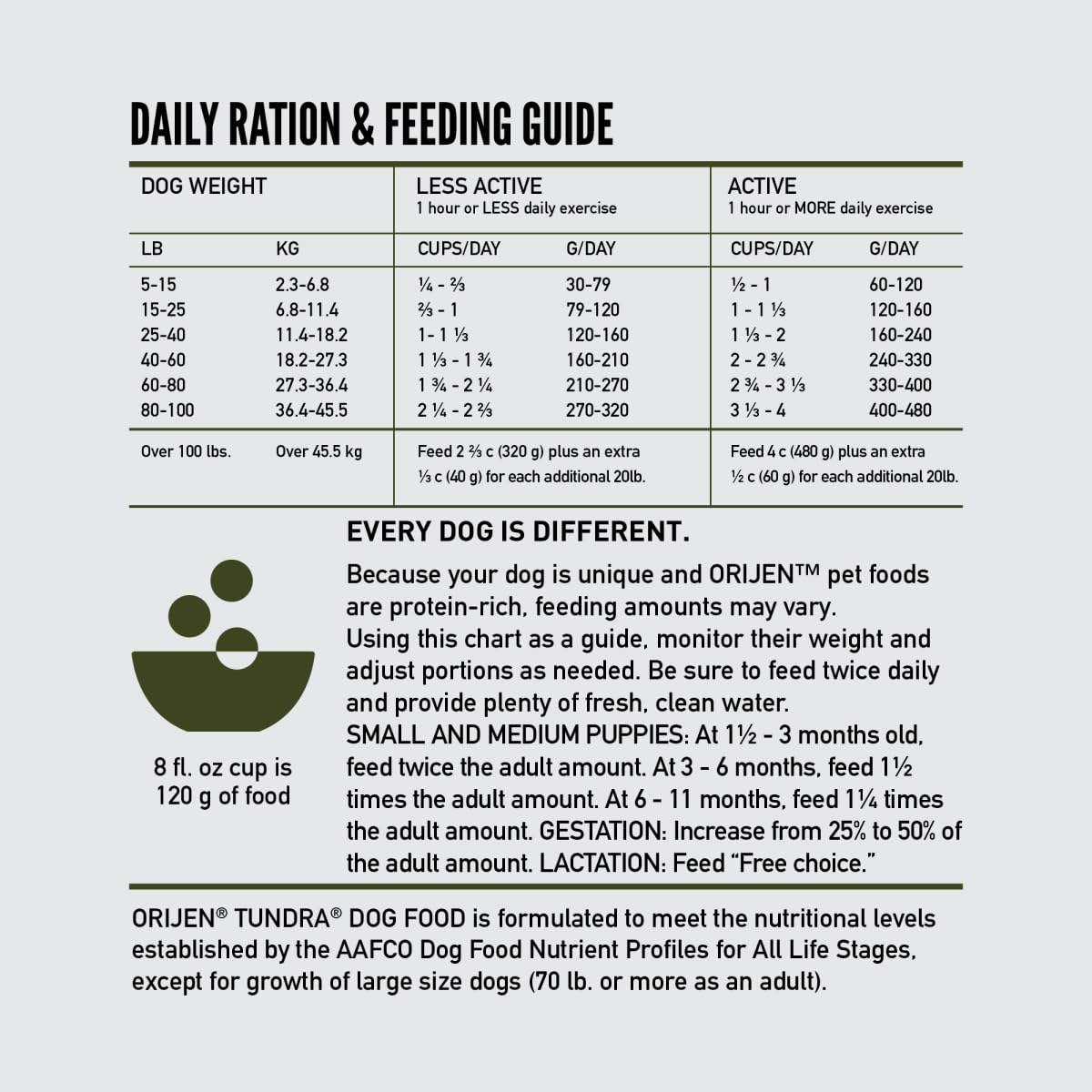 ORIJEN TUNDRA serving-ready kibble illustrates a protein-dense meal for energetic dogs.