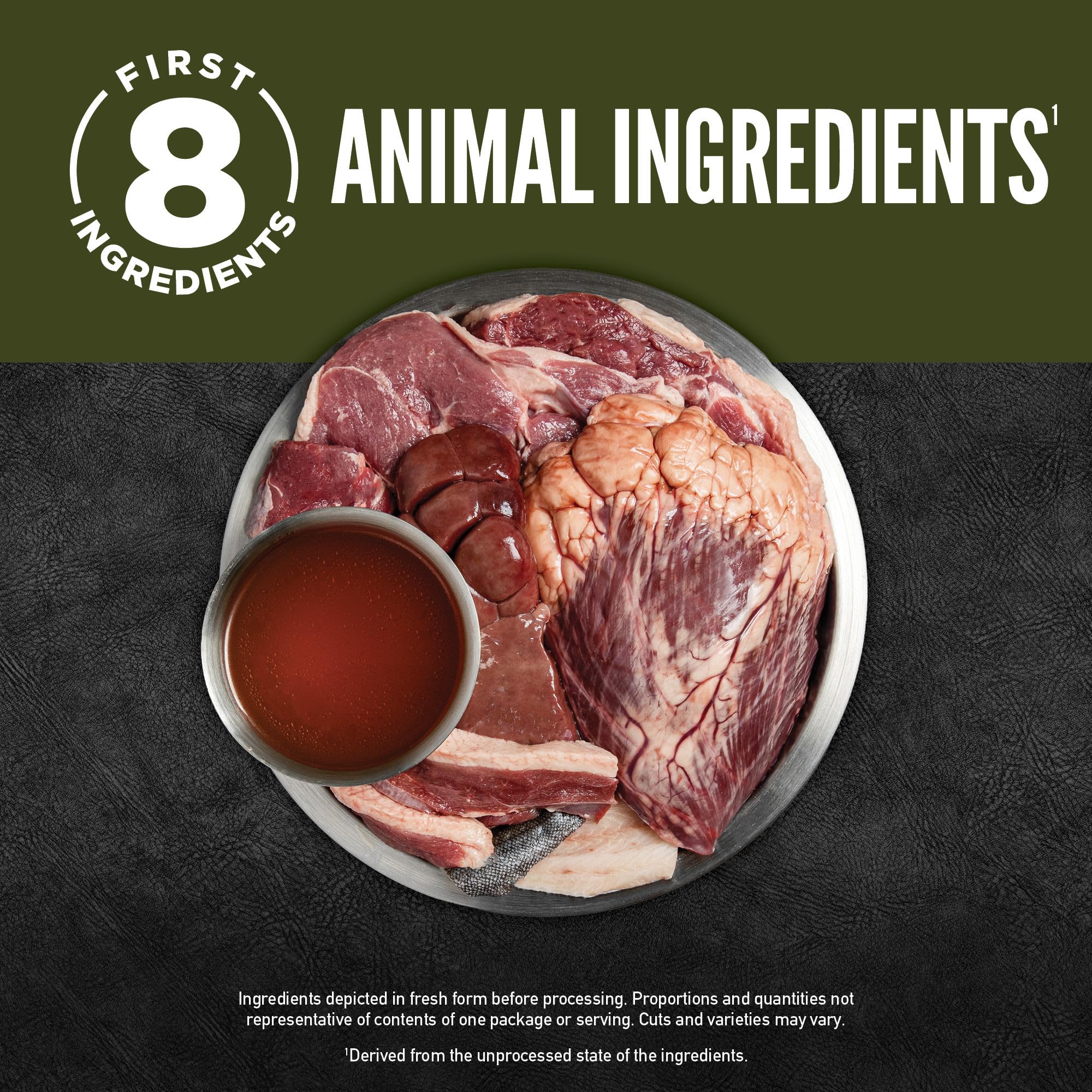 Close-up ORIJEN meat shreds highlights texture for palatability and appetite.