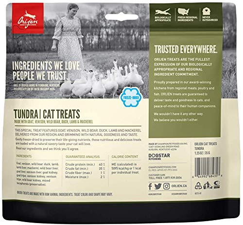 ORIJEN TUNDRA freeze-dried close-up highlighting 99% animal ingredients for cats