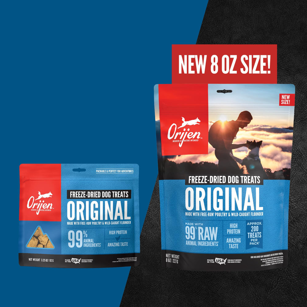 ORIJEN USA-made dog treats packaging detail emphasizing quality sourcing