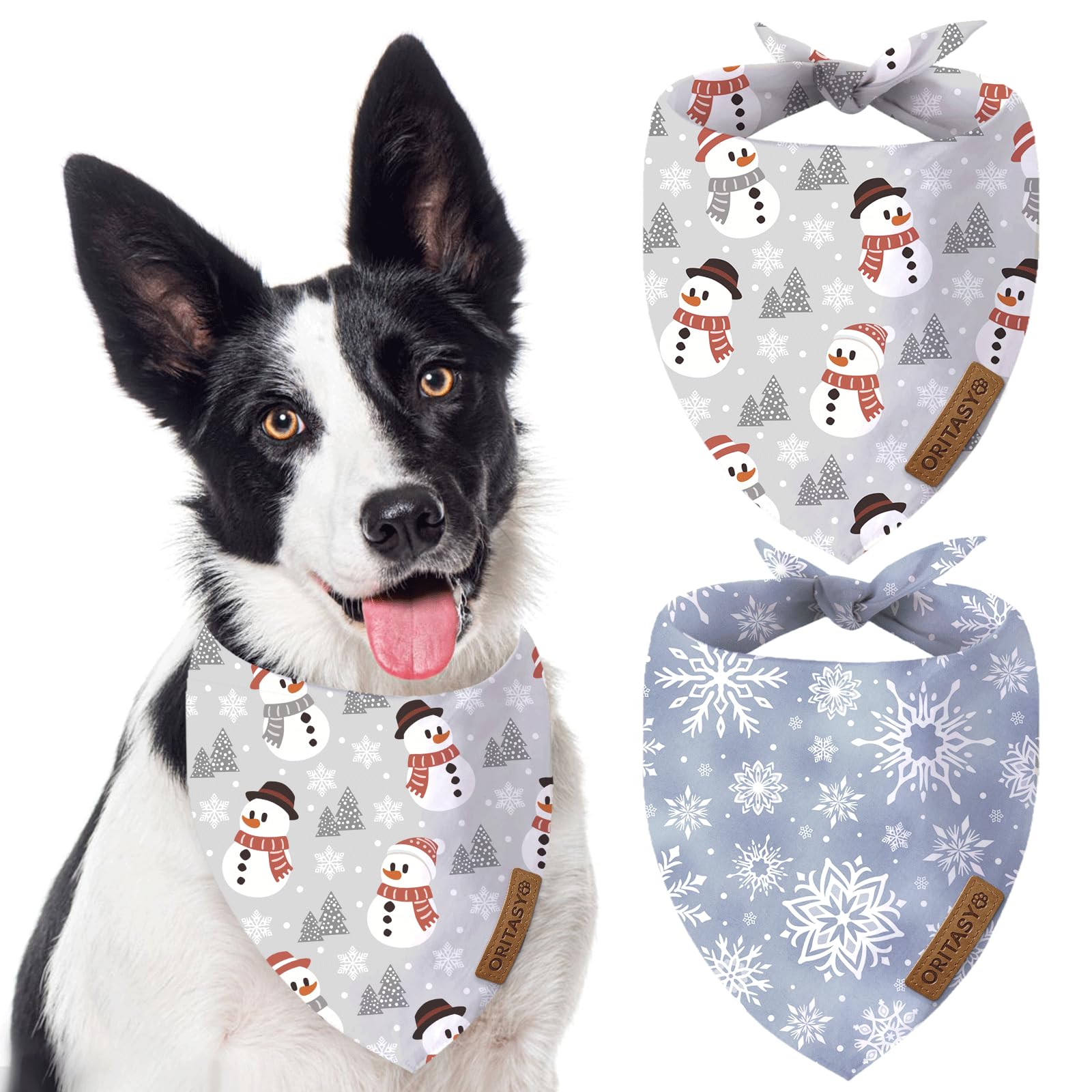 ORITASY Christmas Snowman Bandana XL front view with festive snowflakes for holiday photos.