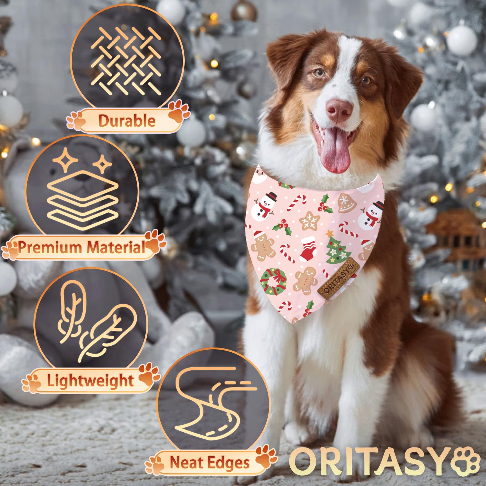 ORITASY pink Christmas dog bandana gingerbread pattern adds warm style.