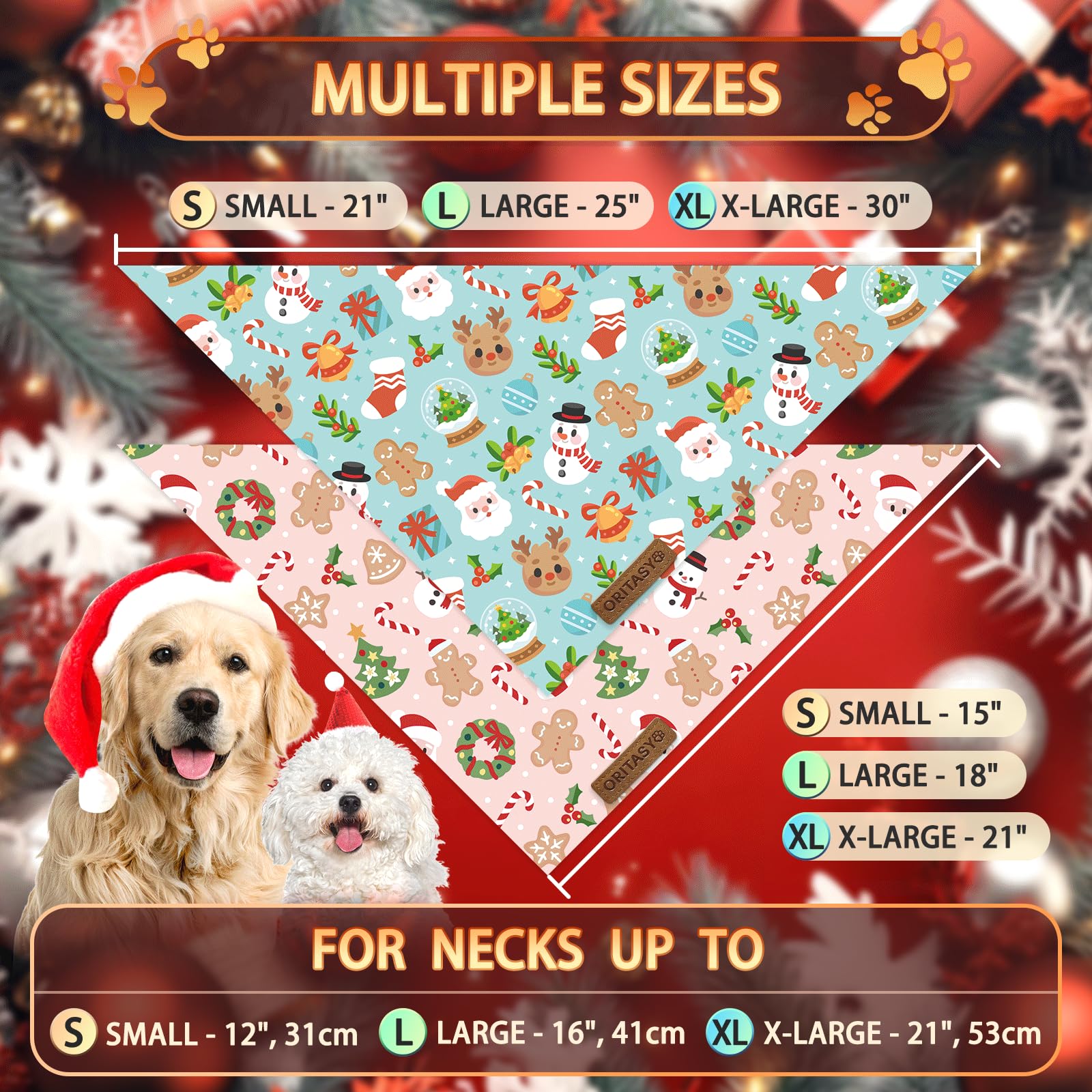 ORITASY pink Christmas dog bandana triangle back view with reversible styling.