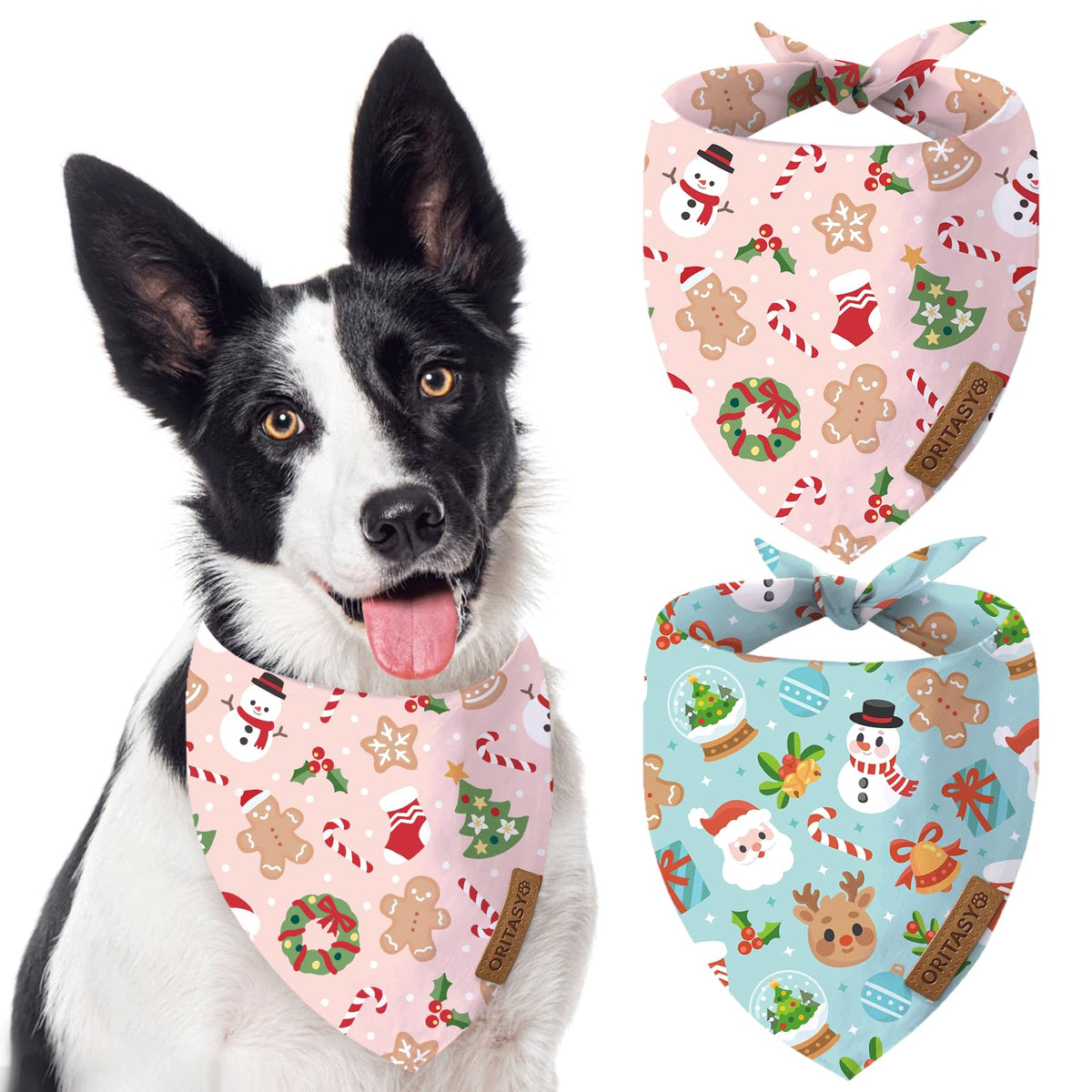 ORITASY pink Christmas dog bandana triangle front view for festive walks.