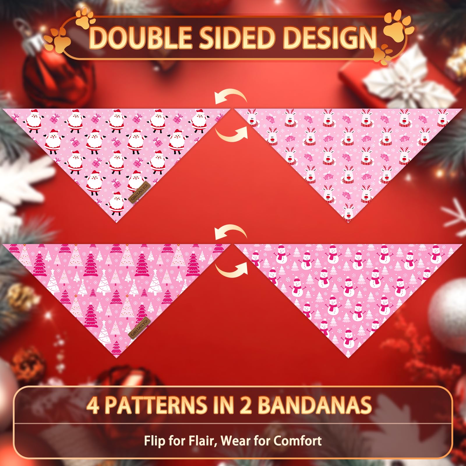 ORITASY Santa Cluz Reindeer 2-pack bandanas shown together for holiday look.