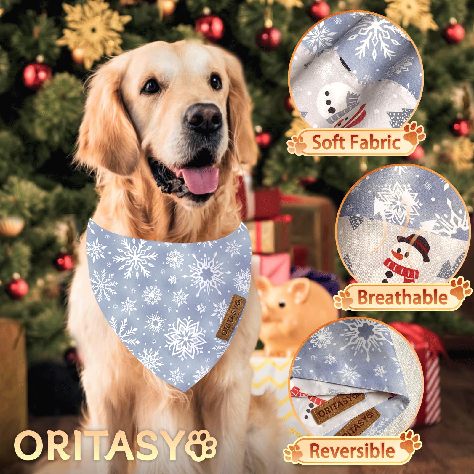 ORITASY snowflakes-reversible-bandana-xl close-up highlights dual patterns for versatile styling.