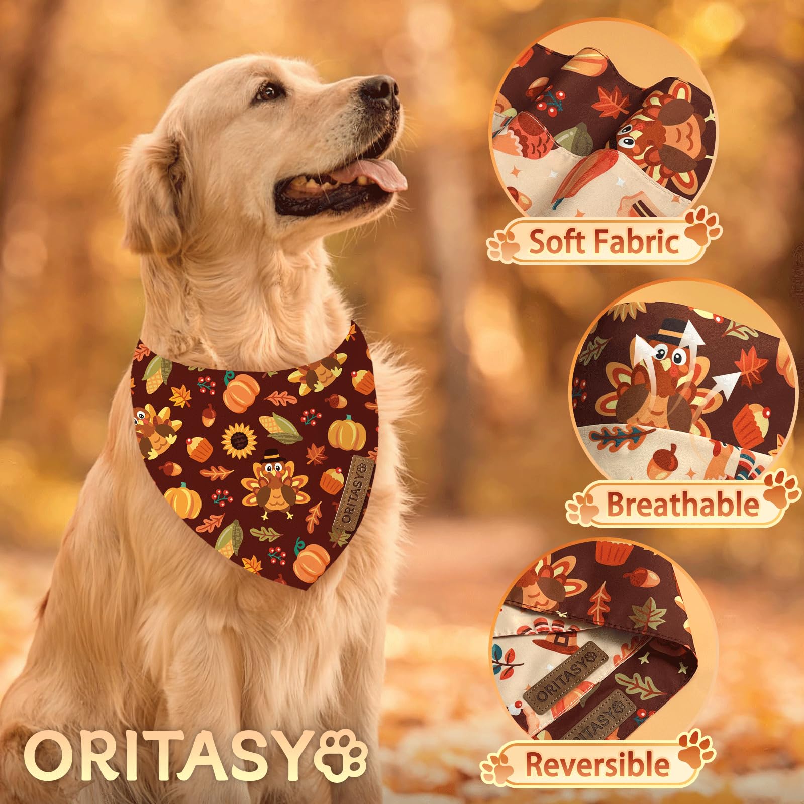 ORITASY Thanksgiving bandana close-up shows vibrant dual-sided print and fine detail.