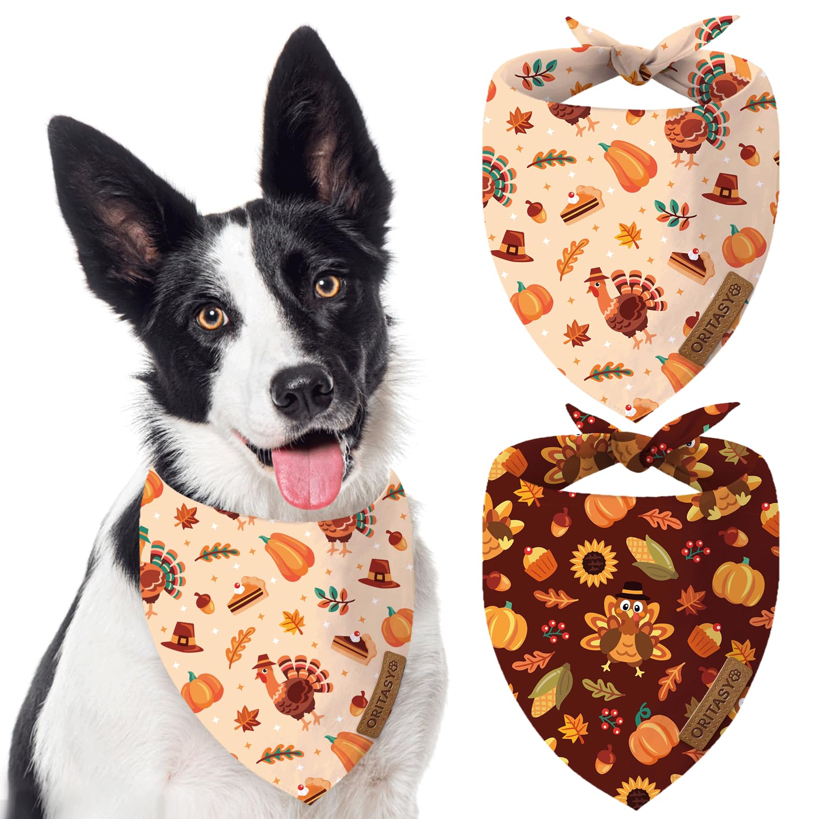 ORITASY Thanksgiving bandana front view with dual-sided turkey-pumpkin print for festive style.