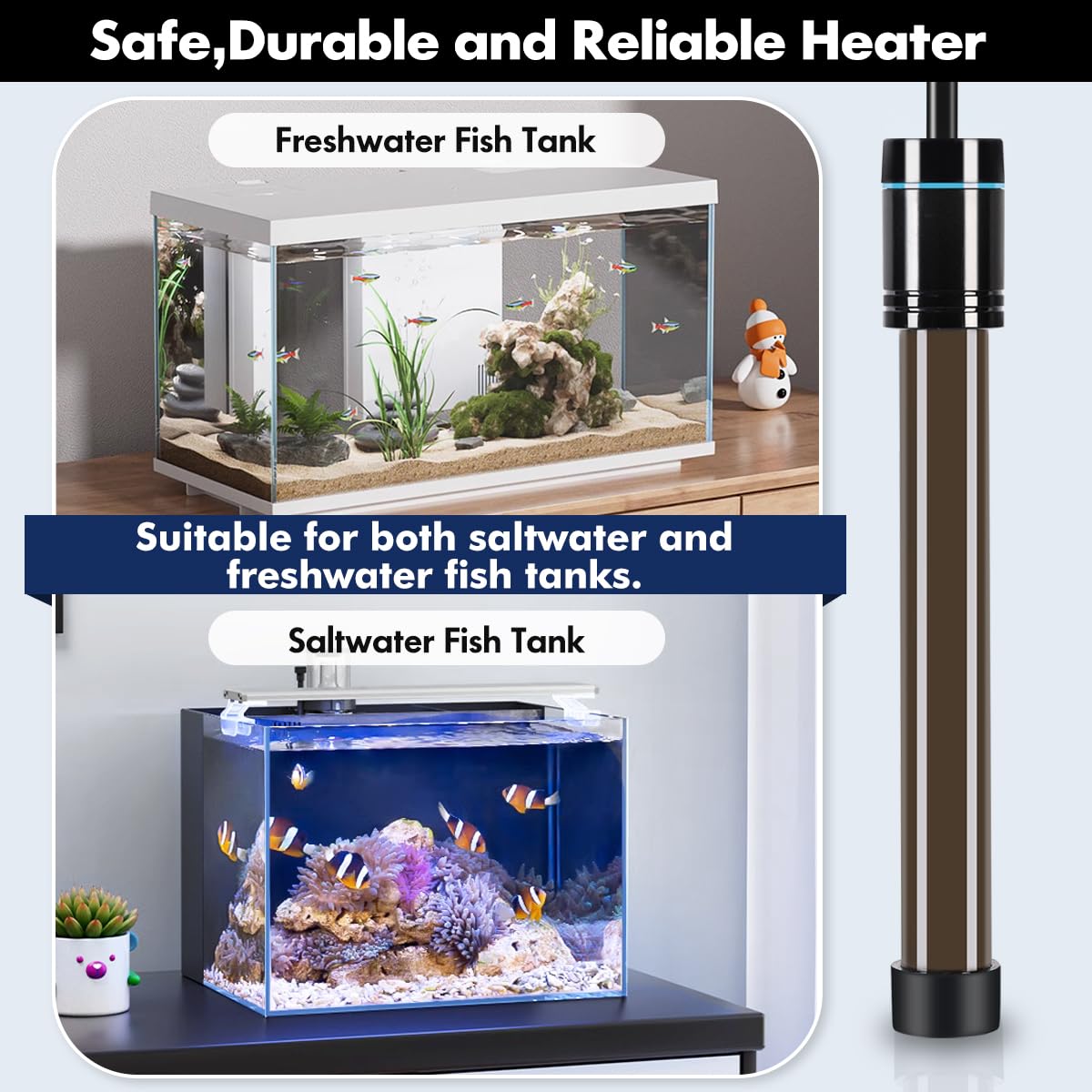 Orlushy 300W compact design 8.6-inch heater suited for 40-60 gallon tanks