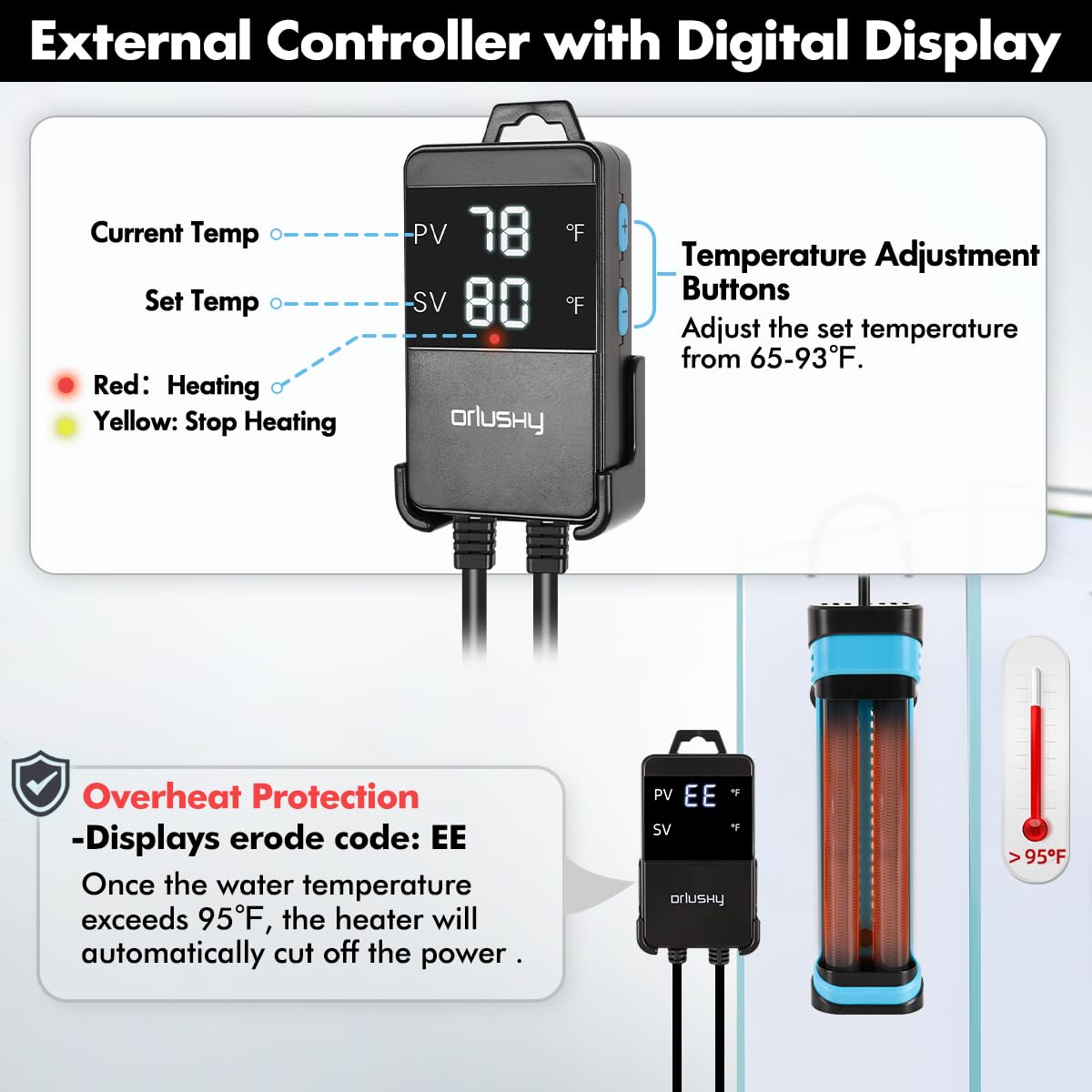 Orlushy 800W aquarium heater digital display shows real-time temperature