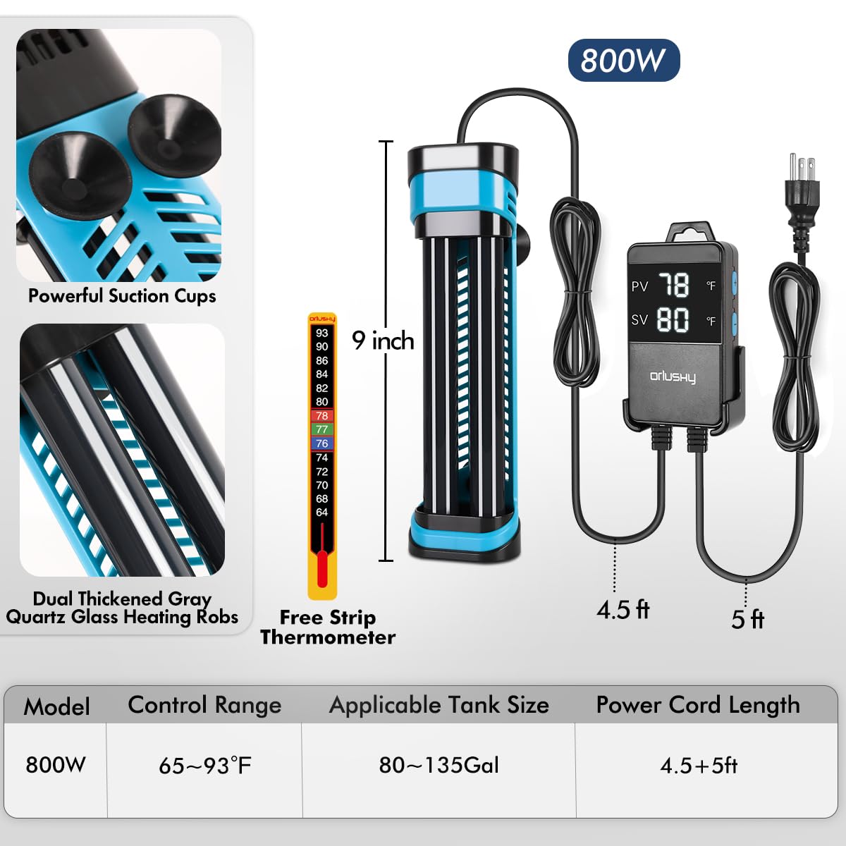 Orlushy aquarium heater rapid heating with nickel-chromium wire for efficient warmth
