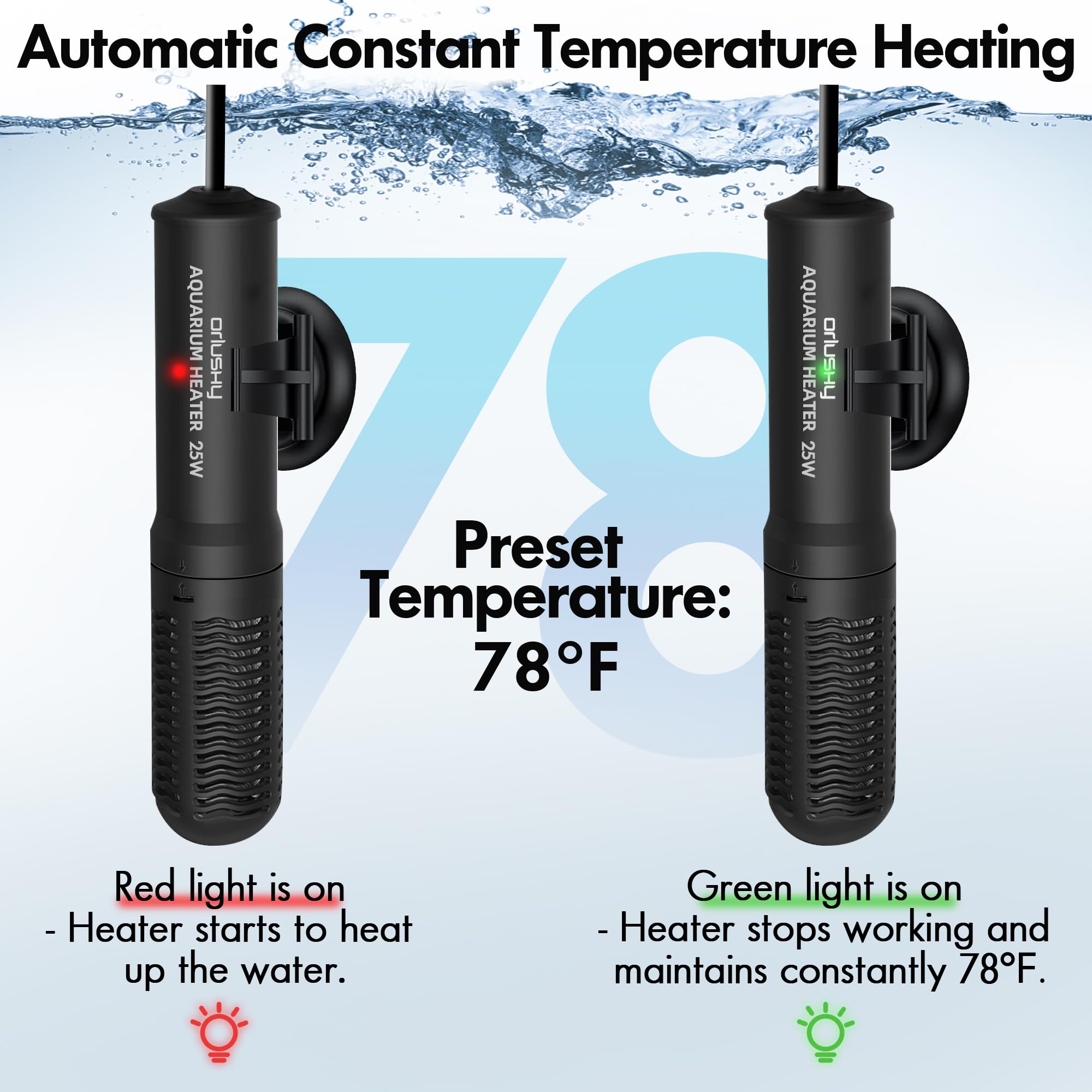 Orlushy heater fully submerged vertically in fish tank for safe operation