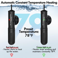 Orlushy heater fully submerged vertically in fish tank for safe operation