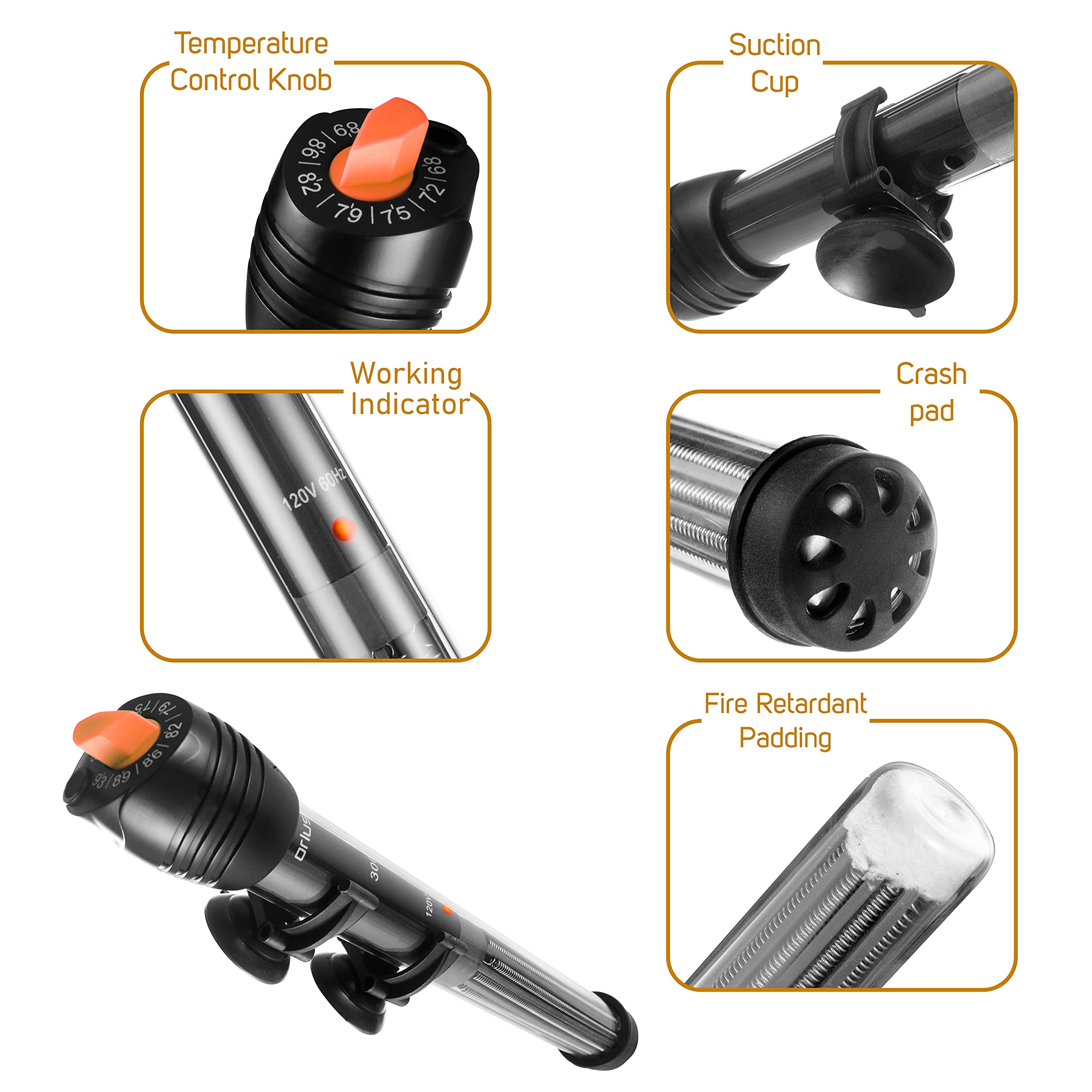 Orlushy heater with two suction cups ready for secure mounting