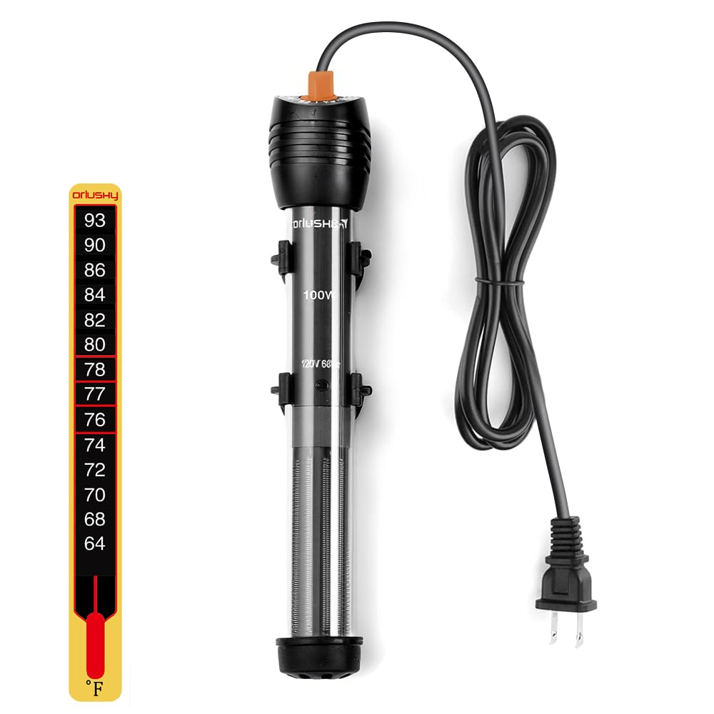 Orlushy submersible heater front view showing compact 9-inch design for 10–20 gallon tanks