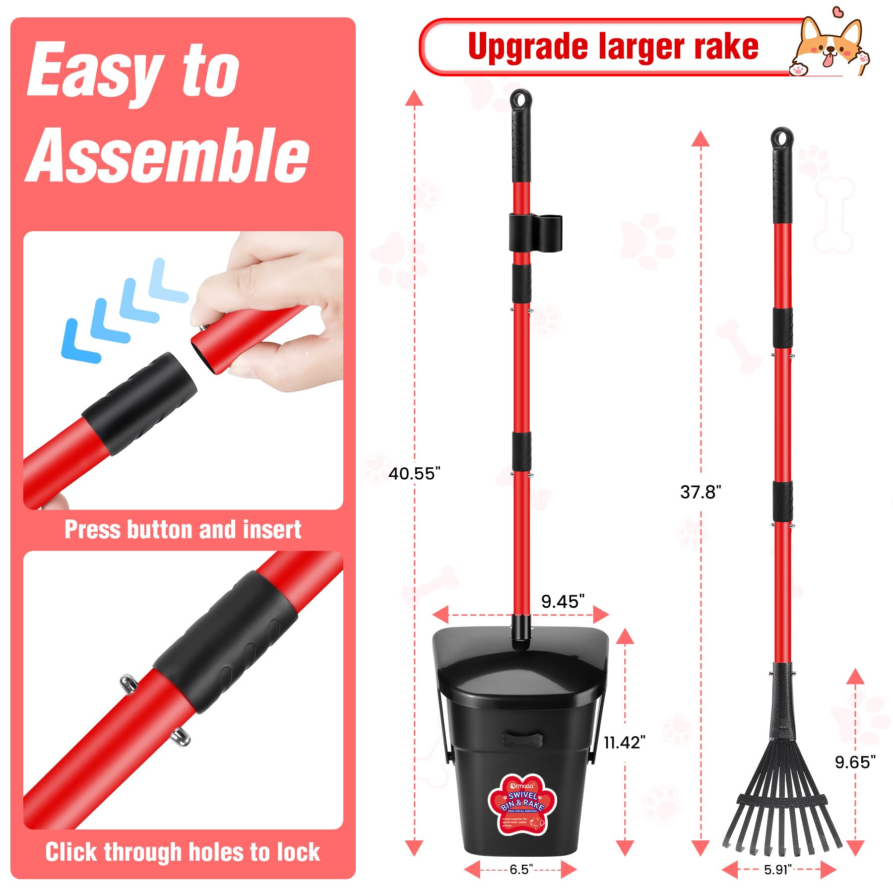 Ormalla pooper scooper rake 9-tooth highlights sturdy yard cleaning capability.