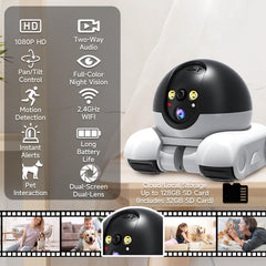 OROMVO Pet Camera 360 tracking demonstrates full-room pet surveillance and movement alerts