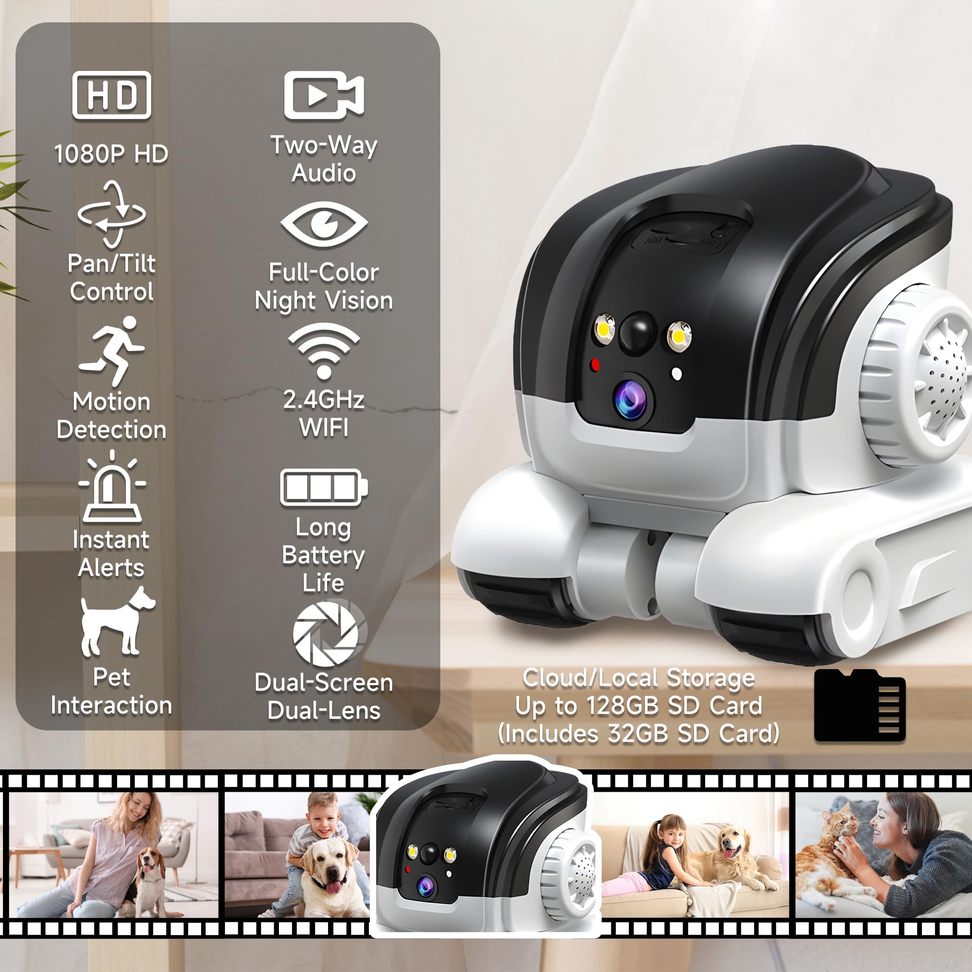 OROMVO Pet Camera dual-lens captures front and back angles for complete pet supervision.