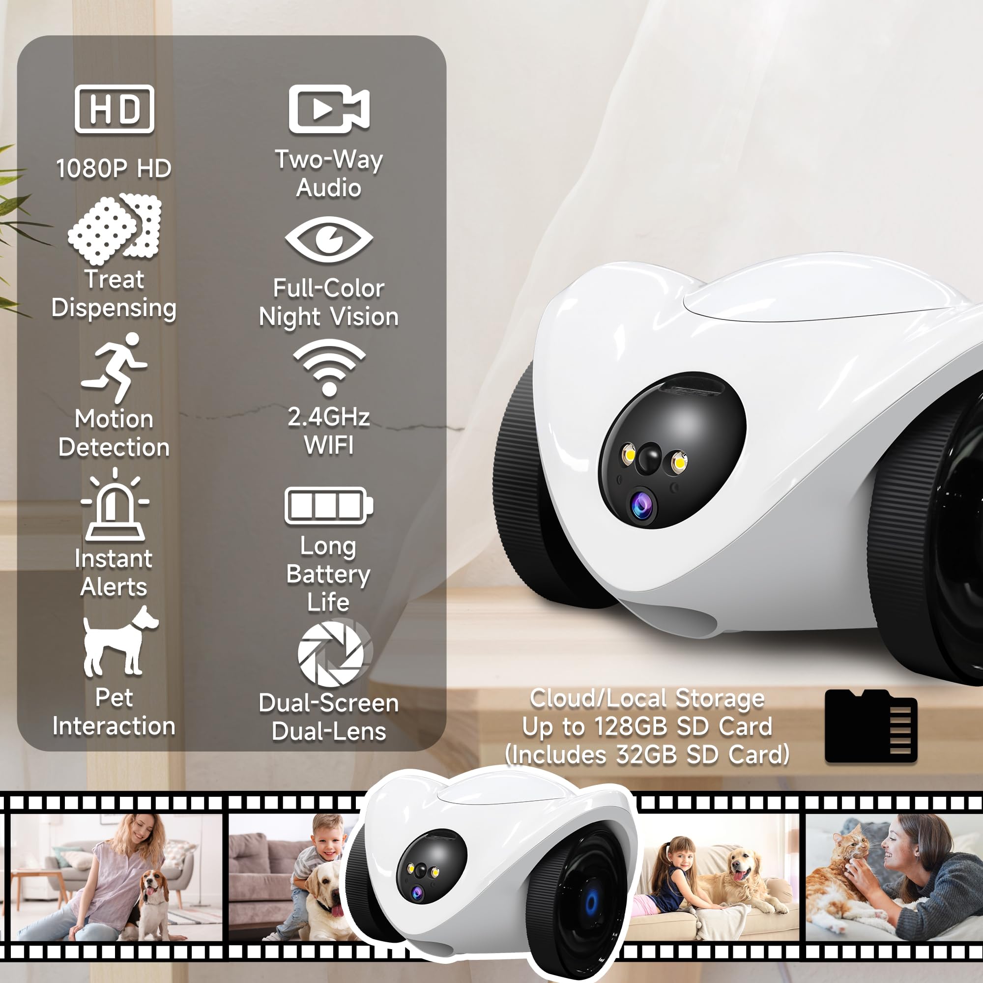 OROMVO pet camera rear lens captures a second angle for full-room awareness.