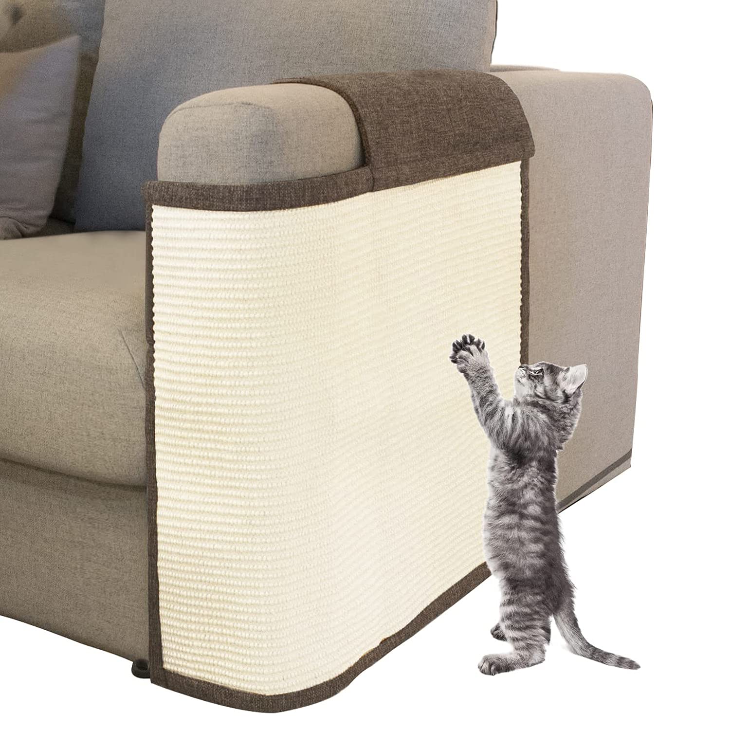 Oroonoko cat scratch protector on sofa showing natural sisal mat for claw protection
