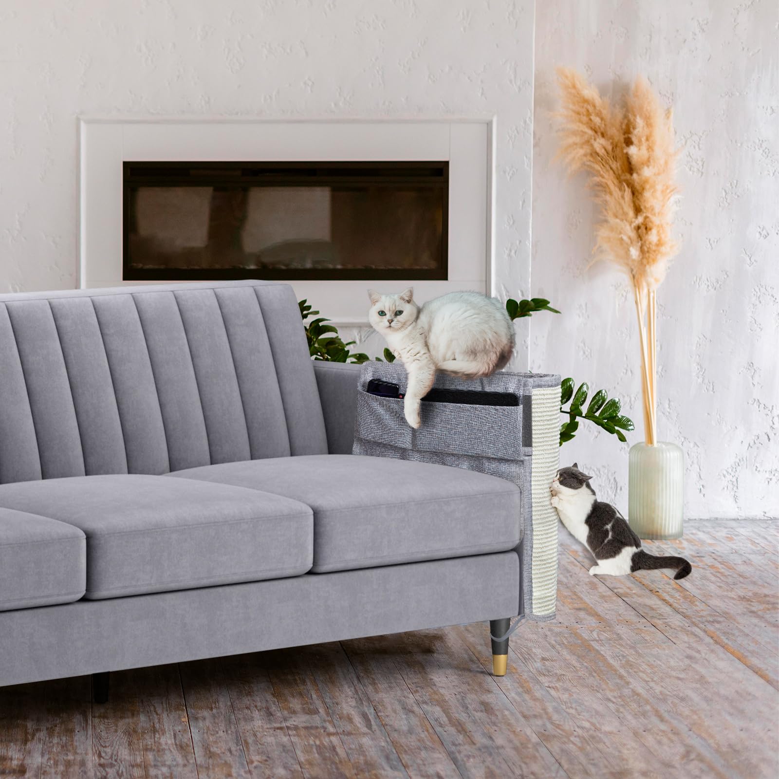 Oroonoko Upgraded Cat Scratch Protector easy installation setup on sofa arms.