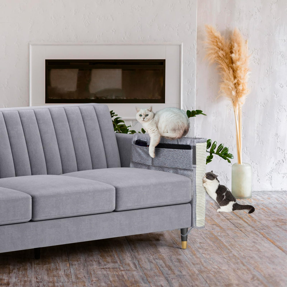 Oroonoko Upgraded Cat Scratch Protector easy installation setup on sofa arms.