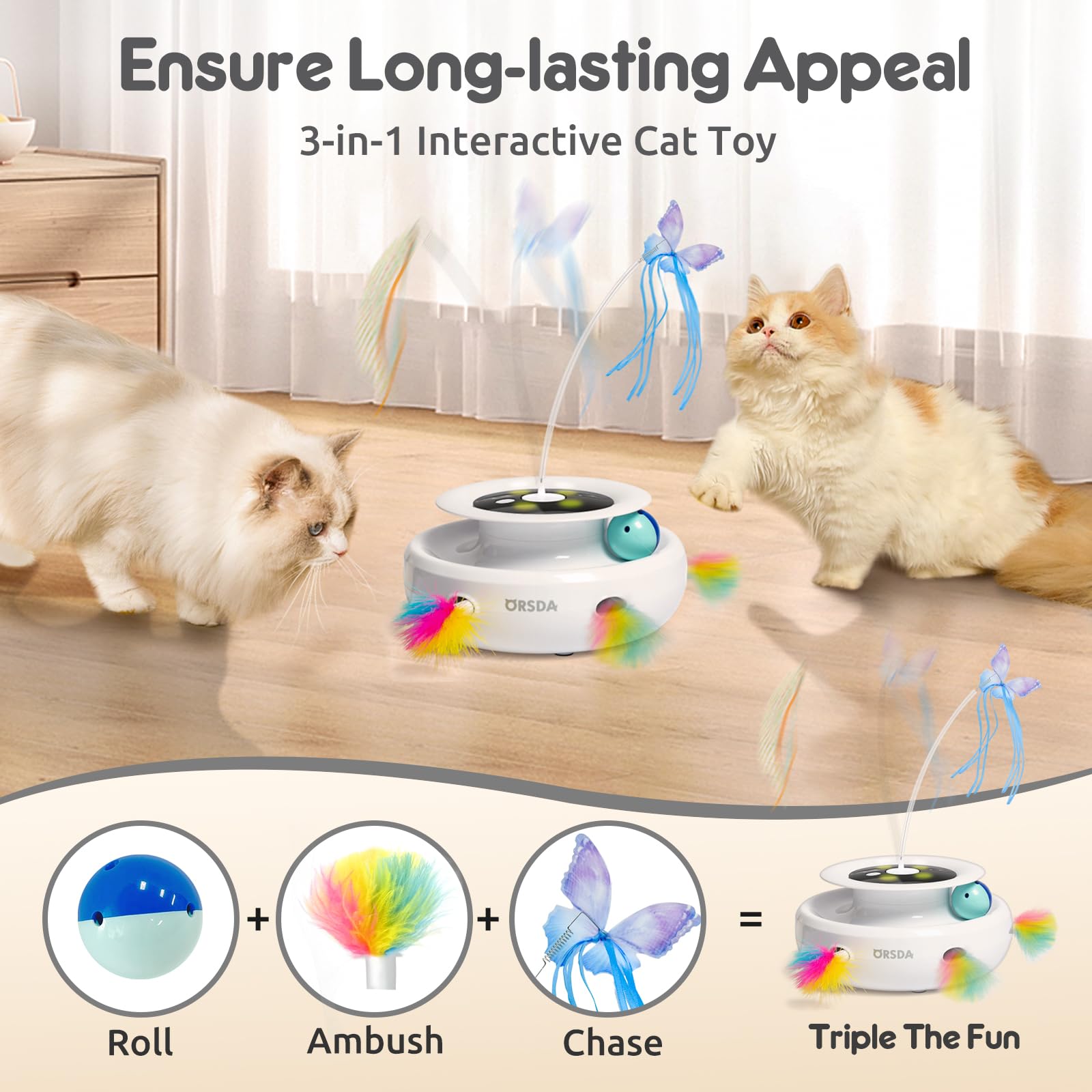 ORSDA cat toy butterfly: fluttering interaction promotes chasing and mental stimulation.