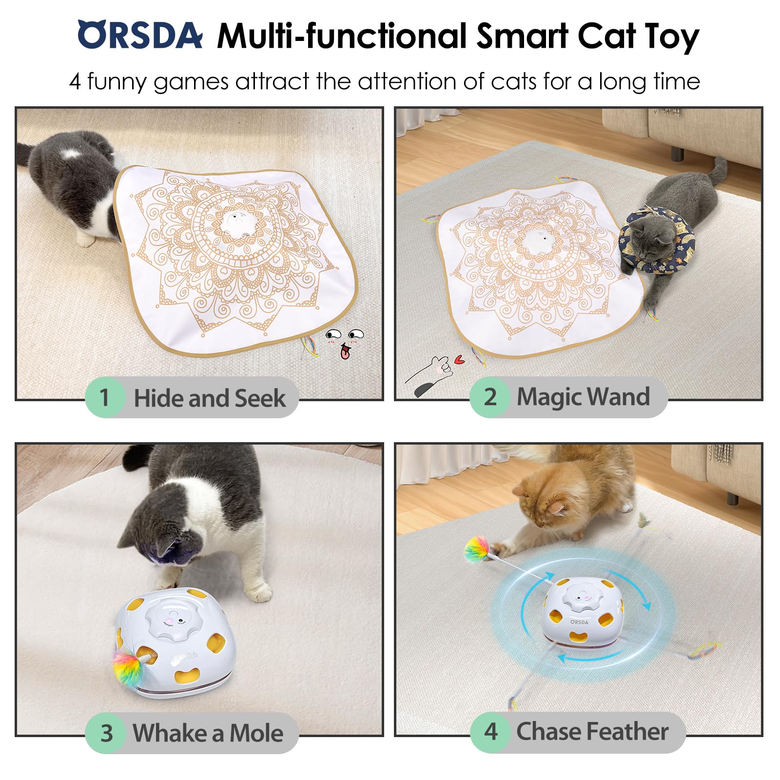 ORSDA cat toy hide-and-seek feature demonstrates hunting-stimulation in a compact interactive setup.