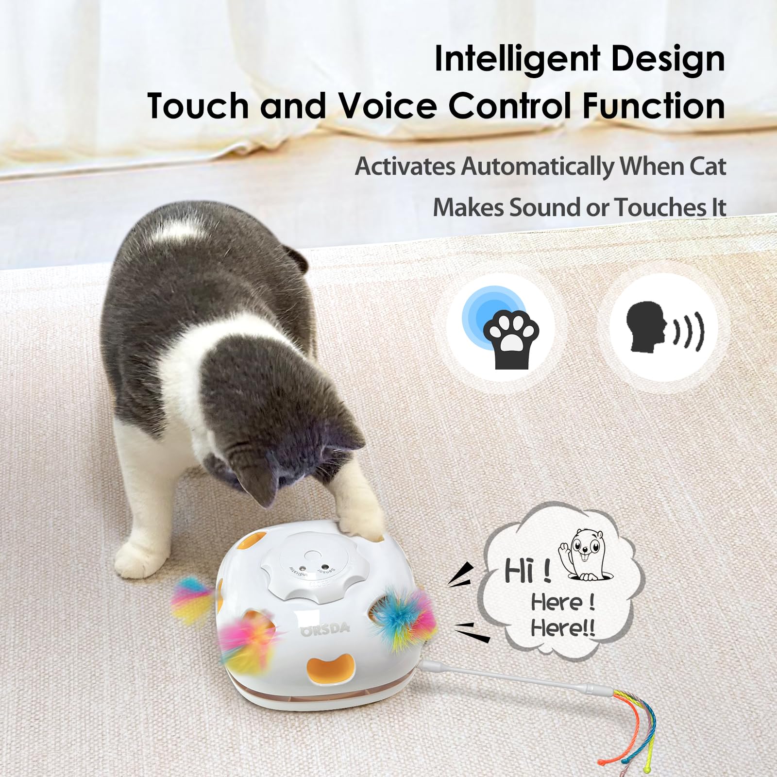 ORSDA cat toy removable blanket shows unpredictable motion and hiding spots for exploration.