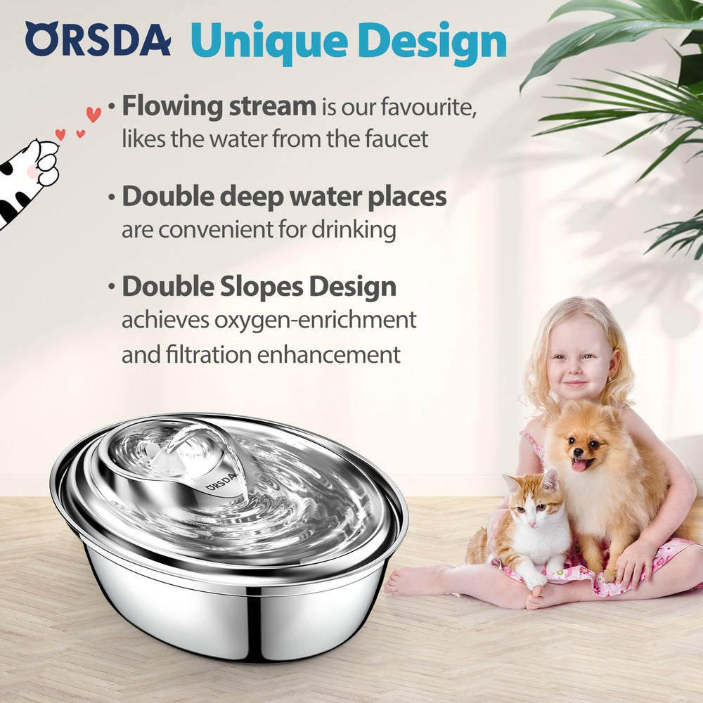 ORSDA stainless steel closeup highlights hygienic, durable water fountain for pets